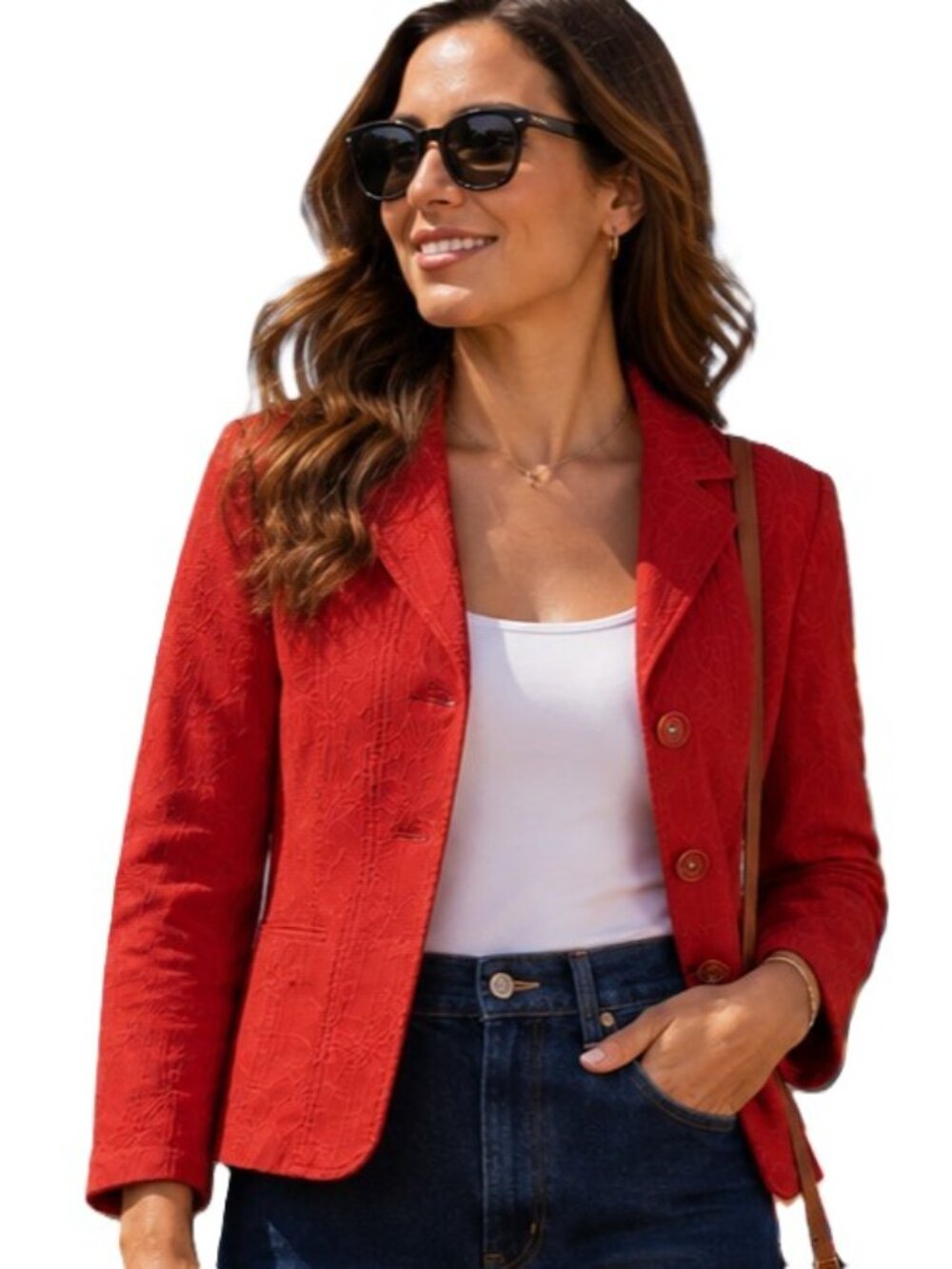 Laura Petites Sz 10P Red Jacquard Blazer Floral Textured Crop Jacket Unlined Bre